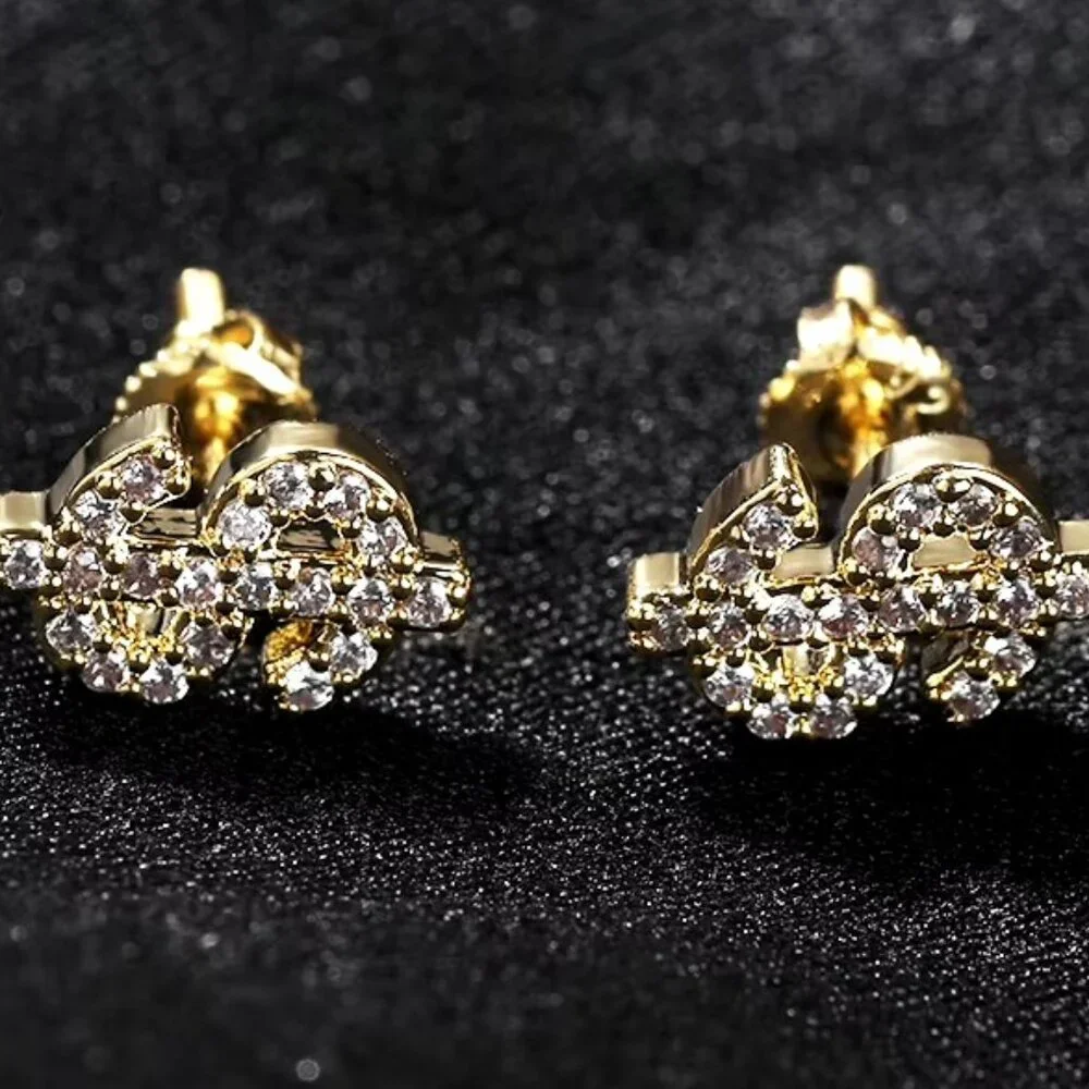 🆕 Dollar Sign Diamond Studded Earrings, 18K Yellow Gold Hypoallergenic 🆕 - Picture 4 of 4